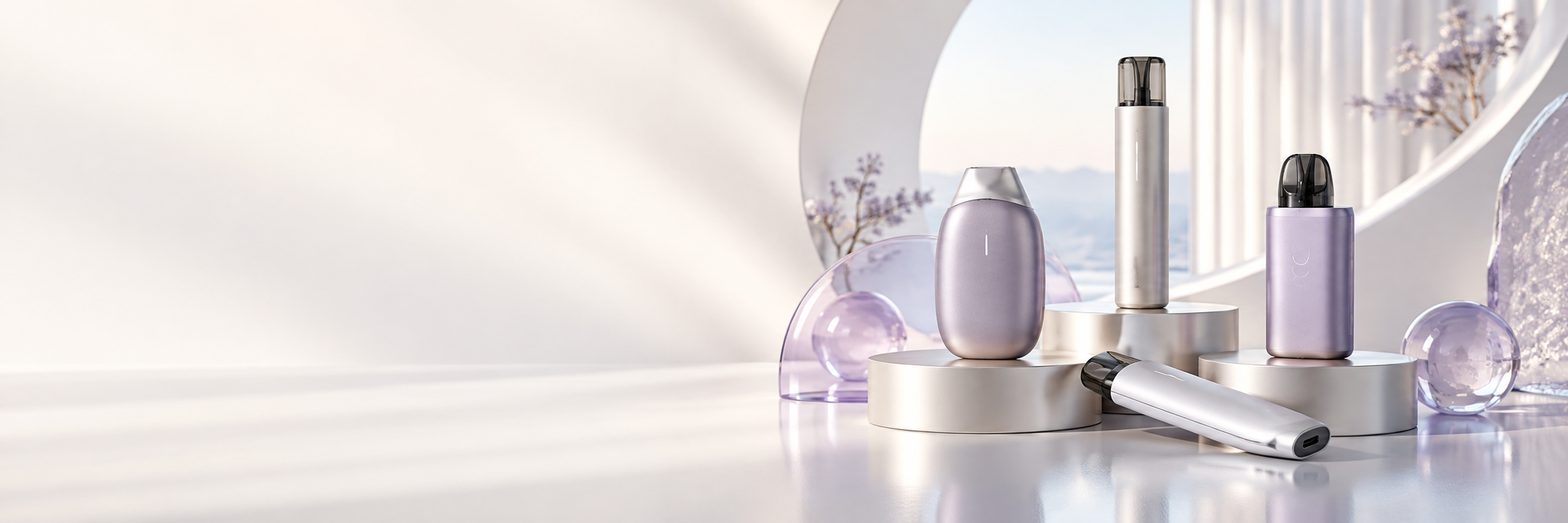 Adult vape devices, replacement pods and charging accessories arranged in a modern product studio.