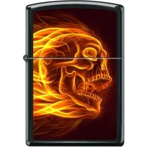 Zippo Lighter - Flaming Skull Black Matte